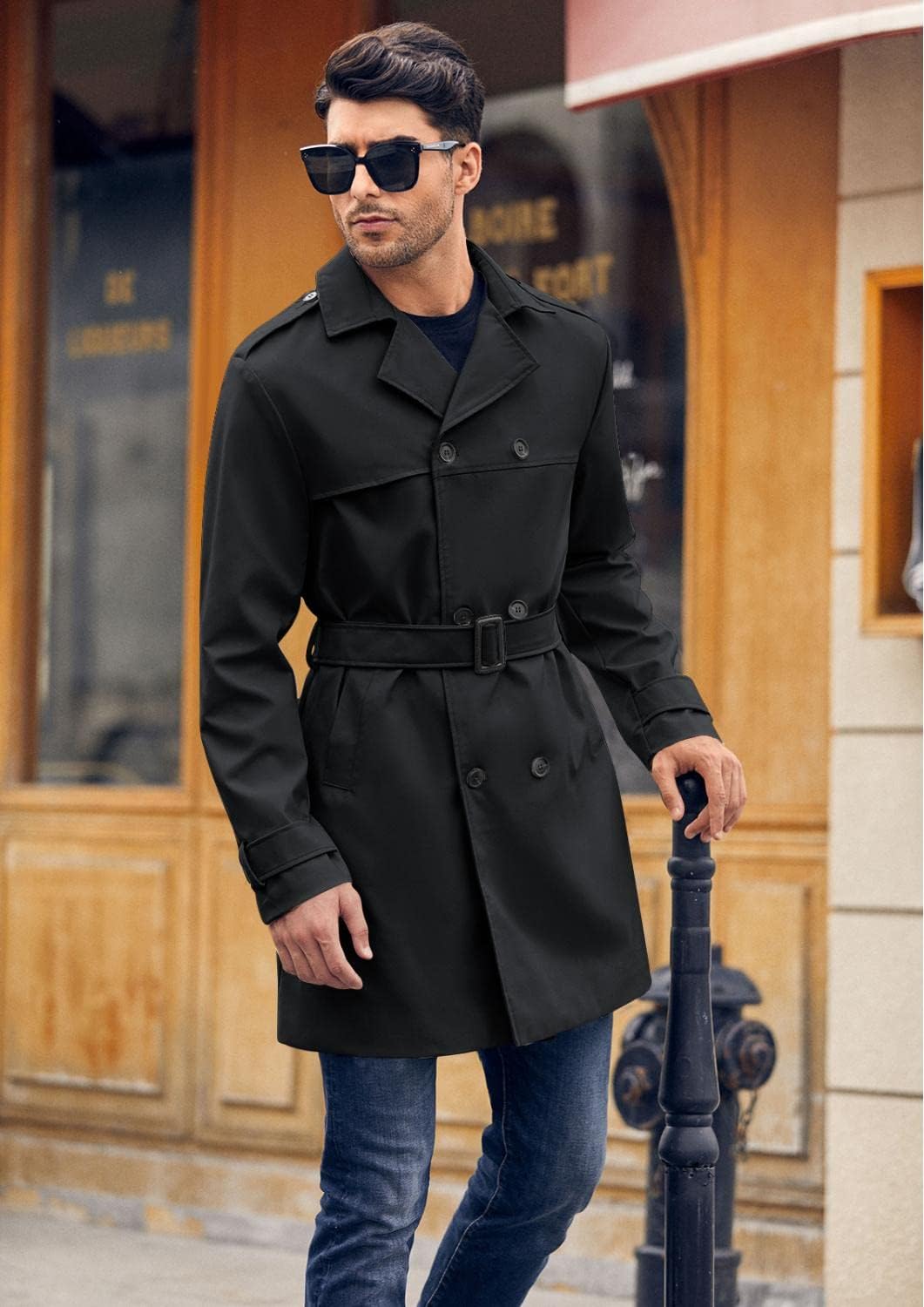 Pretifeel Mens Trench Coat Slim Fit Double Breasted Long Jacket Notched Lapel Belt Fall Windproof Coat - Image 2